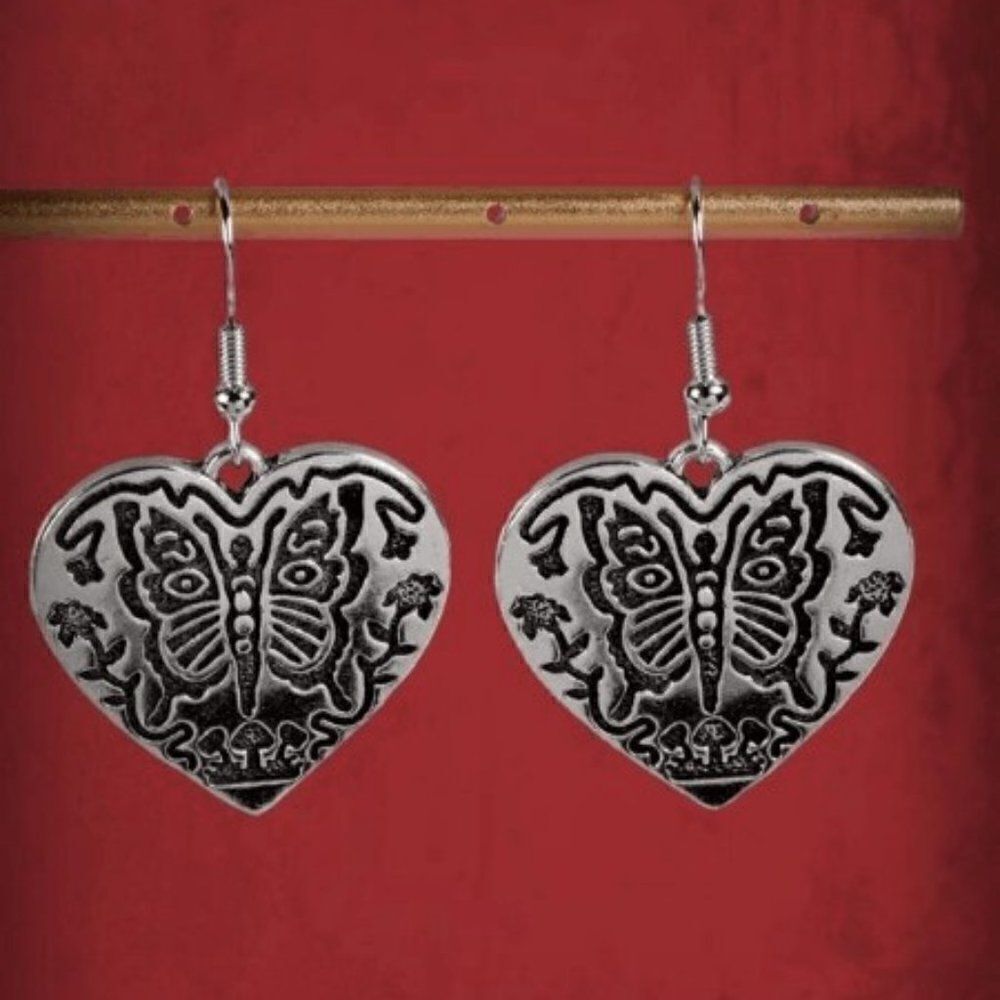 SILVER PUNK ROCK BUTTERFLY HEART UNIQUE DANGLE EARRINGS
